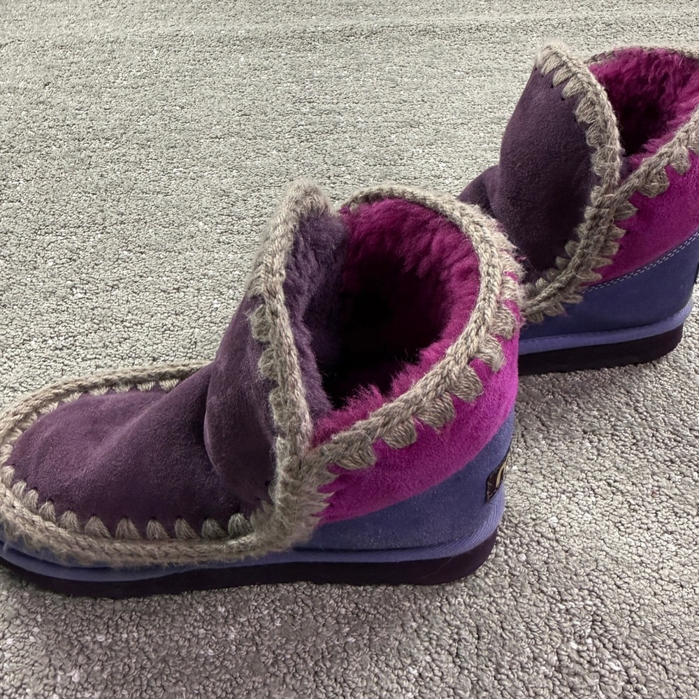 Mou Eskimo Boots Womens 38.5 Purple Suede Sheepskin Crochet Stitch Winter Boho - Picture 2 of 9